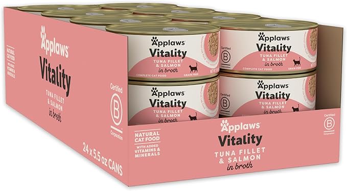 Applaws Vitality Wet Cat Food in Broth, Natural Canned Cat Food, Wet Food for Cats with Added Vitamins and Minerals, Grain and Carrageenan Free, Tuna Fillet &amp; Salmon in Broth (24 Count, 5.5oz Cans)