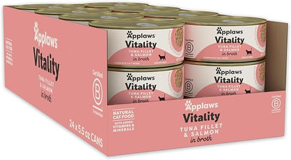 Applaws Vitality Wet Cat Food in Broth, Natural Canned Cat Food, Wet Food for Cats with Added Vitamins and Minerals, Grain and Carrageenan Free, Tuna Fillet &amp; Salmon in Broth (24 Count, 5.5oz Cans)