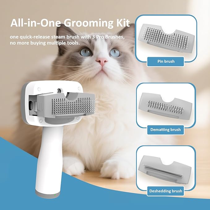 5 in 1 Pet Steam Brush for Dogs &amp; Cats – Self Cleaning, 3 Pet Brush for Smoothing, Dematting, Thinning – Shedding, Grooming &amp; Hair Removal, Includes Shampoo &amp; Storage Case (8.0"-promax)