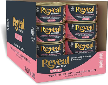 Reveal Entrées Natural Wet Cat Food Paté, Grain-Free with Added Vitamins &amp; Minerals, Carrageenan-Free Tuna Fillet with Salmon Paté Recipe (24 x 2.47 oz Cans)
