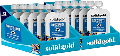 Solid Gold Bone Broth Cat Food Topper - Limited Ingredient Lickable Cat Broth Pouches w/Chicken Protein Shreds &amp; Collagen for Hydration &amp; Gut Support - Easy to Serve Gravy for Cats Meal Topper - 12ct