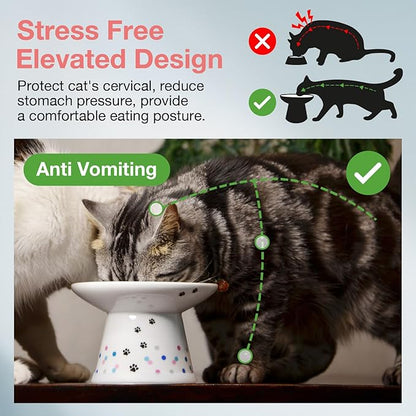Necoichi Raised Cat Food Bowl – Ceramic Elevated Cat Bowl for Whisker &amp; Neck Fatigue, Dishwasher Microwave Safe – Non-Slip &amp; Anti Vomiting Ergonomic Design (Colorful Dots, Extra Wide)