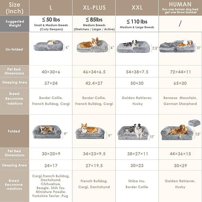 EHEYCIGA Foldable XL Dog Bed, Faux Fur Fluffy Pet Couch Bed for Large Dogs, Orthopedic Calming Memory Foam Big Pet Bed, Washable Soft Pet Sofa Bed with Non-Slip Bottom, Grey, 46"x34"x6.5"