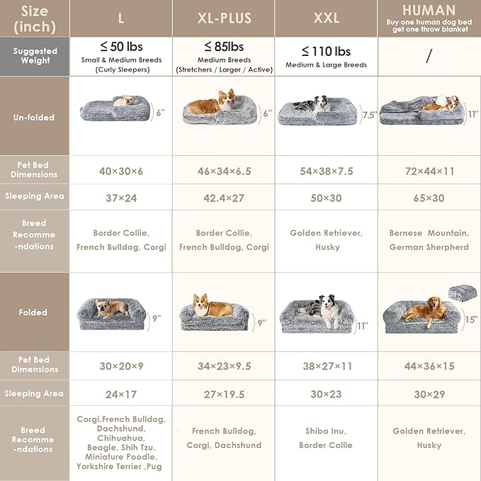 EHEYCIGA Human Dog Bed for Kids, Foldable XXL Dog Bed, Faux Fur Fluffy Pet Couch Bed, Orthopedic Calming Memory Foam Big Pet Bed, Washable Pet Sofa Bed with Non-Slip Bottom, Grey, 54"x38"x7.5"