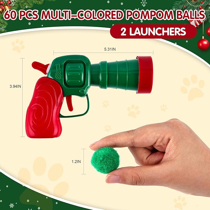 Cat Toy Set (2+60) - Pom Pom Balls &amp; Launchers, Interactive Enrichment Toys