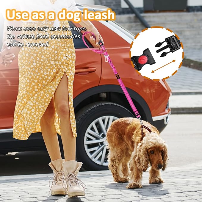 Removable Dog Seat Belt Harness for Car, 3 in 1 Pet Dog Car Seatbelt Leash, Retractable Restraint Secures to Vehicle Headrest &amp; Adjustable Reflective Bungee Dog Seatbelt Tether, Rose and Black
