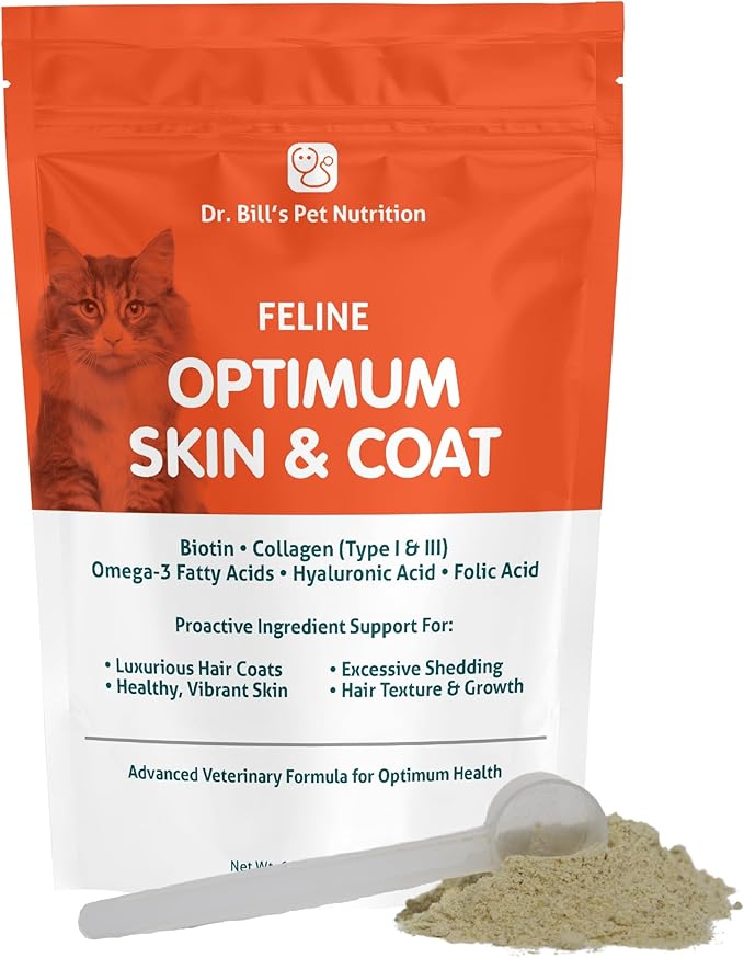 Dr. Bill’s Feline Optimum Skin &amp; Coat – Fish Oil Omega-3 Fatty Acids for Cats Healthy Fur | Reduce Shedding and Hairballs with Biotin, Type I &amp; III Marine Collagen, Hyaluronic Acid, &amp; Folic Acid