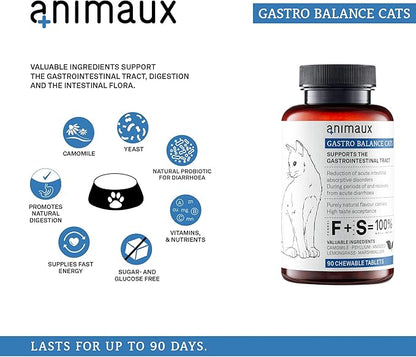 animaux - Gastro Balance for Cats, Supports Gastro-intestinal Tract, Prevents Diarrhoea, Constipation, Hairballs &amp; Flatulence, supplementary probiotics, 90 chewable Tablets, 90 Days Supply
