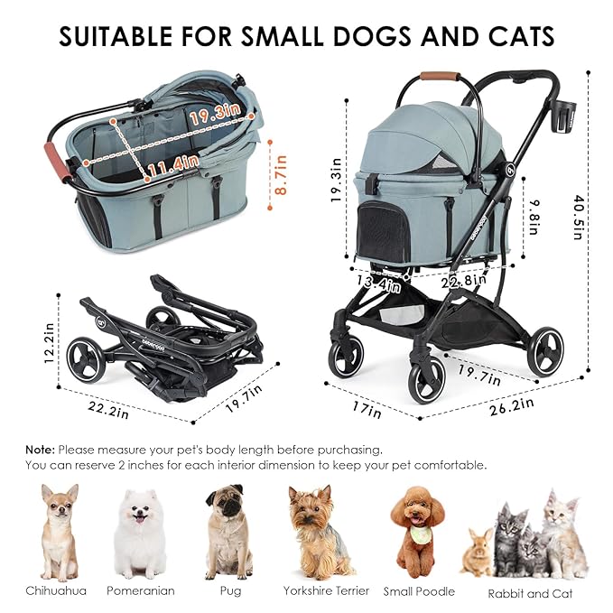 T3 3-in-1 Small Pet Stroller for Dog &amp; Cats, 4 Wheels with Detachable Carrier with Pad, Canopy and Cup Holder (Green)