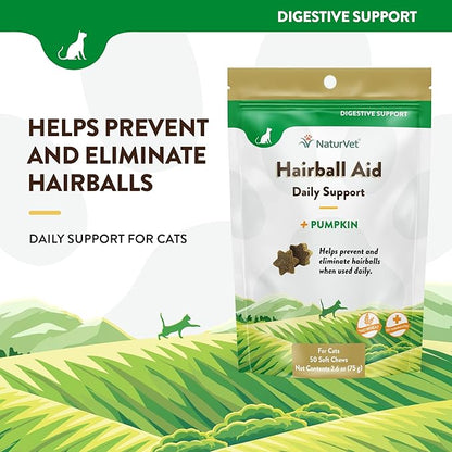 NaturVet Hairball Remedy Vitamin &amp; Digestive Aid Supplement for Cats – Pet Health Supplement for Cat Hairballs, Digestive System Support – Includes Pumpkin, Vitamins – 50 Ct.