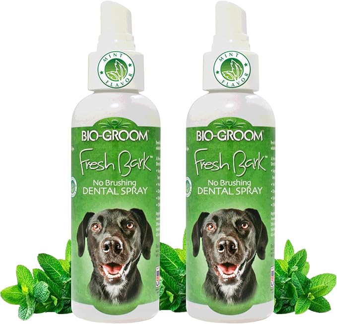 Bio-groom Fresh Bark Dog Breath Freshener - No Chew Dental Spray for Dogs &amp; Cats, Teeth Cleaning Oral Care for Plaque &amp; Tartar, No Brushing Required, Made in The USA - Mint, 4 fl oz (Pack of 2)