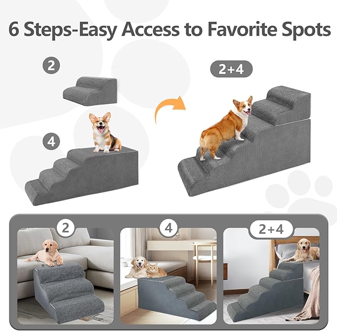 ABORON 𝟲 𝗦𝘁𝗲𝗽𝘀 Dog Steps for High Bed, 26 Inch High Dog Stairs for Small Dogs, Waterproof Pet Stairs for Small Old Large Dogs and Cats with Removable Cover &amp; PE Support Board for Bed/Car/Couch