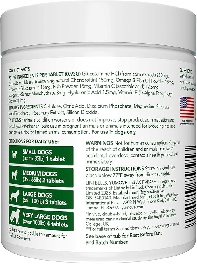 Yumove Hip &amp; Joint Supplement for Dogs - with Glucosamine Chondroitin, Omega 3, Hyaluronic Acid, Green Lipped Mussel &amp; Fish Oil for Dogs - Senior Dog Joint Supplement (120ct Chewable Tablets)