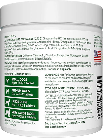 Yumove Hip &amp; Joint Supplement for Dogs - with Glucosamine Chondroitin, Omega 3, Hyaluronic Acid, Green Lipped Mussel &amp; Fish Oil for Dogs - Senior Dog Joint Supplement (120ct Chewable Tablets)