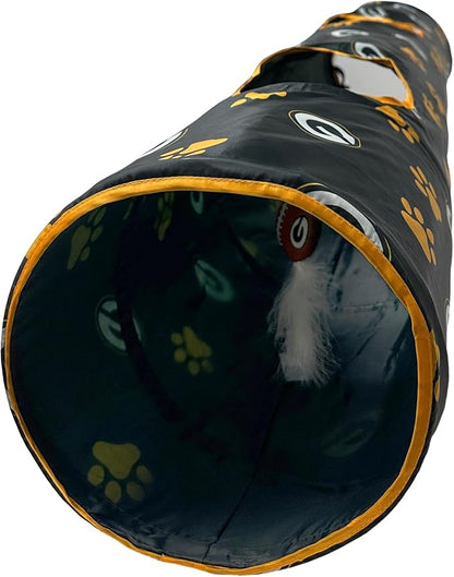 NFL Green Bay Packers Cat Tunnel Tube Toy with Plush Football Catnip and Feathers Collapsible Tunnel for Cats to Play, Peek and Hide, Sporty &amp; Fun Cat Tunnel Toy with Team Logo All-Over Design!