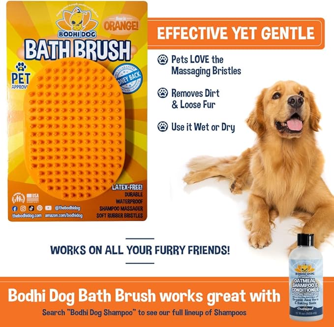 Bodhi Dog Shampoo Brush - Pet Grooming &amp; Bath Supplies for Dogs and Cats - Bath Brush for Long &amp; Short Hair - Premium Scrubber for Shower, Bathing &amp; Massage (One Pack, Orange)