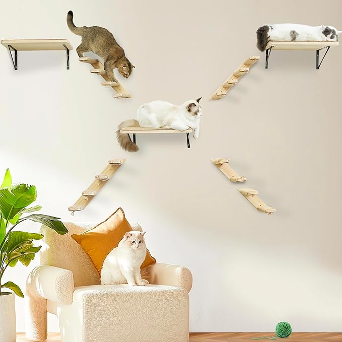 Cat Wall Furniture Set, 2PCS Cat Shelves &amp; 2PCS 4 Steps Wall Shelves Stairs Tower Climbing Scratching Perches for Climbing Sleeping, Playing
