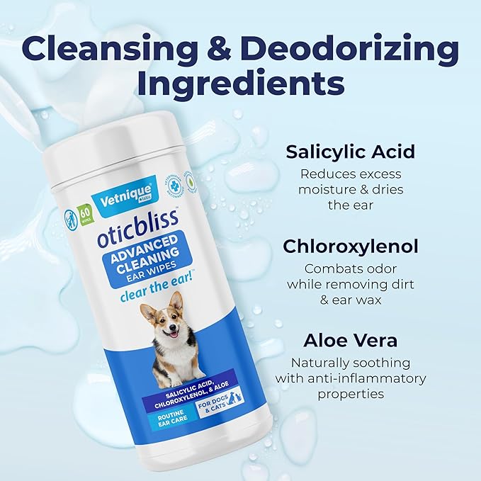 Vetnique Oticbliss Advanced Cleaning Ear Wipes for Dogs for Odor Control, Dirt and Wax Removal with Soothing Aloe Vera, Salicylic Acid &amp; Vitamin E, (Ear Cleaning Wipes, Advanced Cleaning Large)