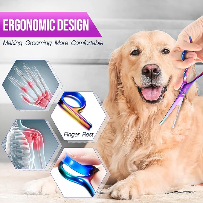 Gimars Dog Grooming Scissors Kit Professional 4CR with Safety Round Tip, 5 in 1 Heavy Duty Titanium Coated Thinning &amp; Curved &amp; Straight Shears