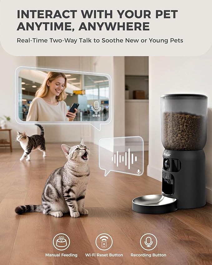 AI Cat Feeder with Dual Cameras (1 Adjustable), 2K HD Night Vision, 5G/2.4G WiFi, 6L Automatic Pet Feeder with APP Control, Laser Interactive Toy, Two-Way Audio &amp; Scheduled Feeding