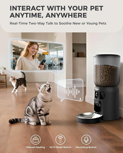 AI Cat Feeder with Dual Cameras (1 Adjustable), 2K HD Night Vision, 5G/2.4G WiFi, 6L Automatic Pet Feeder with APP Control, Laser Interactive Toy, Two-Way Audio &amp; Scheduled Feeding