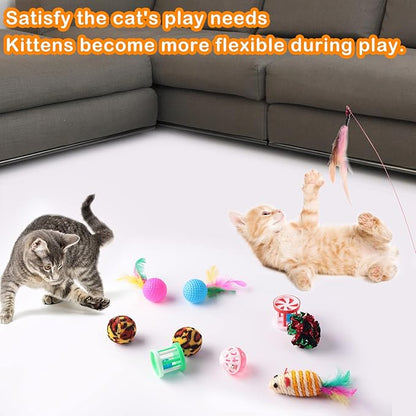 Wettarn 22 Pieces Cat Toys Set, with 2 Collapsible Tunnels for Indoor Cats and 20 Kitten Toys Tubes and Tunnels Interactive Feather Mouse Crinkle Balls for Pets Puppies(Colorful)