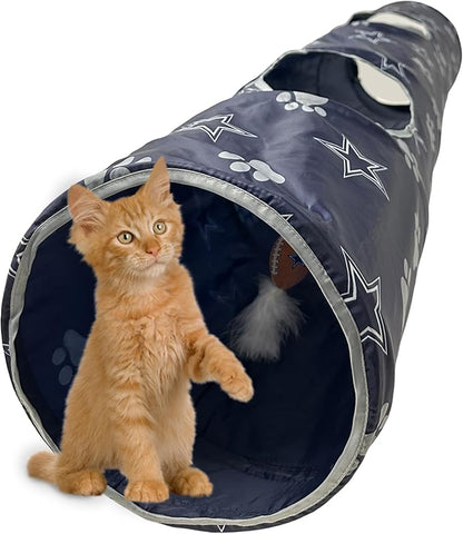 NFL Dallas Cowboys Cat Tunnel Tube Toy with Plush Football Catnip and Feathers Collapsible Tunnel for Cats to Play, Peek and Hide, Sporty &amp; Fun Cat Tunnel Toy with Team Logo All-Over Design!