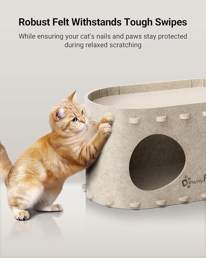 DownyPaws Cat House for Indoor Cats, Cat Bed Cave for Multiple &amp; Large Cats Up to 22 Lbs, Scratch Resistant, Foldable Peekaboo Kitten Caves Tunnel Enclosed Bed, PeekaPurr, Cream