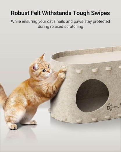 DownyPaws Cat House for Indoor Cats, Cat Bed Cave for Multiple &amp; Large Cats Up to 22 Lbs, Scratch Resistant, Foldable Peekaboo Kitten Caves Tunnel Enclosed Bed, PeekaPurr, Cream