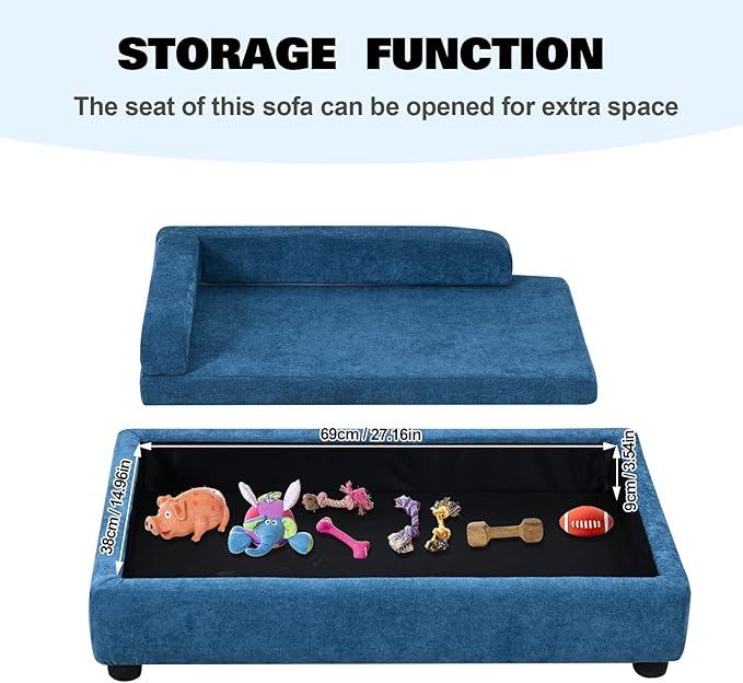 AFBKSS&amp;BB Pet Sofa with Hidden Storage for Puppy and Cat,Linen Fabric Dog Sofa,Cat Couch with Wooden Frame (Blue)