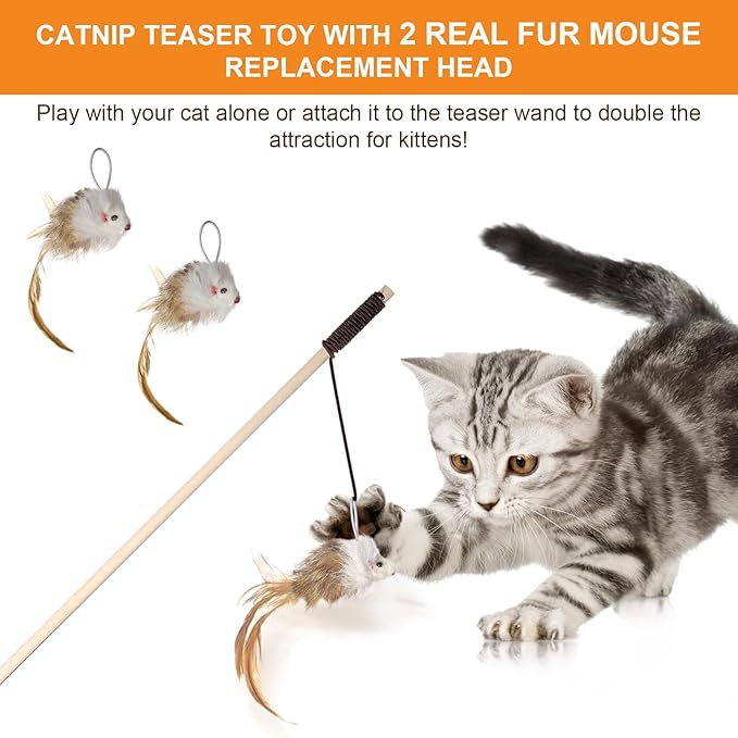 Cat Feather Toys with Catnip Ball, Feathers &amp; Bell - 2 Replaceable Mouse Heads, Elastic Rope &amp; Wooden Handle for Aggressive Kittens, Durable Bite-Proof Interactive Cat Teaser for Indoor Play
