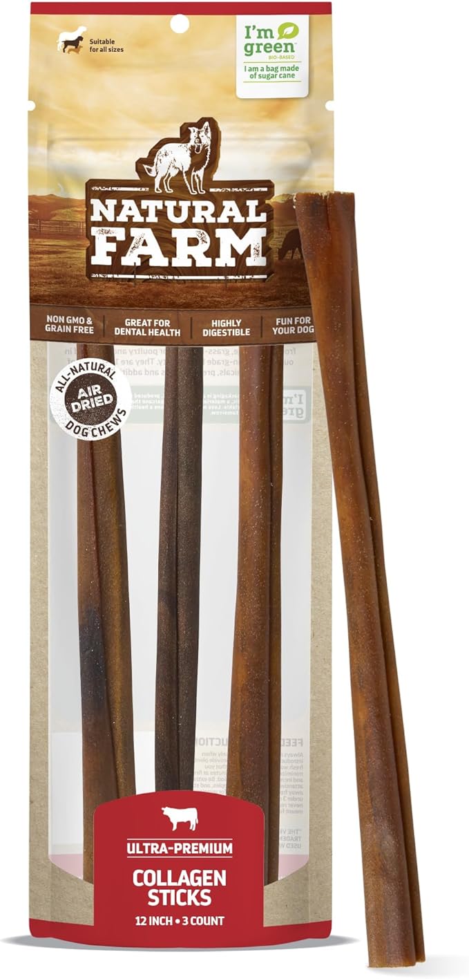 Natural Farm Odor-Free Collagen Chews (12 Inch, 3 Pack), Long Lasting Bully Sticks &amp; Rawhide Alternative Dog Treats, 95% Collagen Low Fat, High Protein Best Dental Dog Treats – Medium &amp; Large Dogs