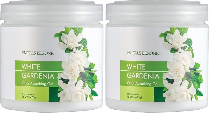 SMELLS BEGONE Air Freshener Odor Absorber Gel - 15 oz, Pack of 2 - Absorbs and Eliminates Odor in Pet Areas, Bathrooms, Cars, &amp; Boats - Made with Essential Oils - White Gardenia Scent