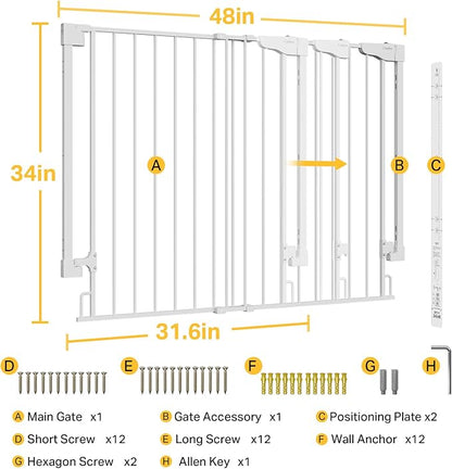 Cumbor 34" Extra Tall No Bottom Bar Baby Gate for Stairs, Auto Close Dog Gate Indoor for Larger Pets, 31.6-48" Hardware Mounted Safety Gate for Doorways, Wide Walk Thru Door for Easy Access (White)