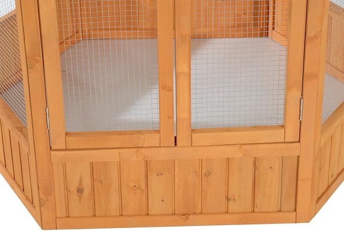 PawHut 69" Large Wooden Hexagonal Outdoor Aviary Flight Bird Cage with Covered Roof, Brown
