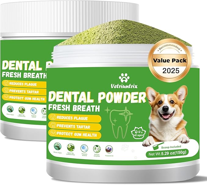 Dog Dental Care Powder - Plaque &amp; Tartar Control with Natural Enzymes, Teeth Cleaning Powder for Dogs with Probiotic, Bad Breath Treatment for Small Medium Large Dogs