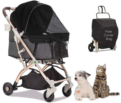 Lite Premium Light-Weight Dog/Cat/Pet Stroller Travel Carriage with Convertible Compartment/Zipper-Less Entry/1-Hand Quick Fold/Aluminum Frame for Small &amp; Medium Pets (Black 2nd-Gen.)