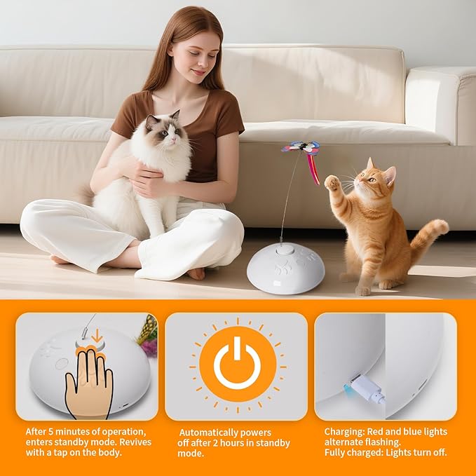 Cat Toy 3in1 Automatic Interactive Wand Toy for Indoor Cats,Moving Butterfly&amp;Glowing Feathers Speedy Tail,Rechargeable Cat Enrichment Toys for Kittens