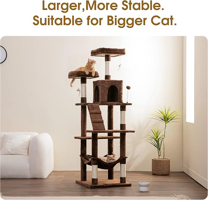 MWPO 70.1-Inch Large Cat Tree, Multi-Level Tall Cat Tower for Indoor Cats, Plush Cat Condo with Big Padded Perches, Sisal-Covered Scratching Posts, Hammock, Toys for Kittens &amp; Cats - Brown