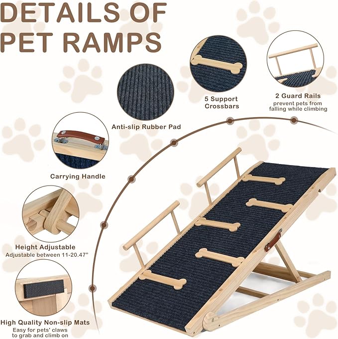 Dog Ramp for Bed, Non-Slip Pet Ramp with 5 Adjustable Heights, Portable Foldable Wooden 40" Long Pet Stairs for Small &amp; Large Old Dogs &amp; Cats - Lightweight &amp; Easy Storage