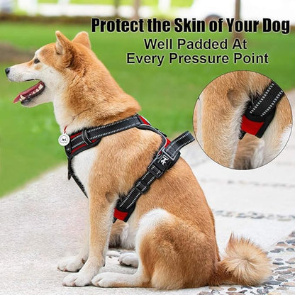 PoyPet No Pull Dog Harness, Reflective Comfortable Vest Harness with Front &amp; Back 2 Leash Attachments and Easy Control Handle Adjustable Soft Padded Pet Vest for Small to Large Dogs (Red,XL)