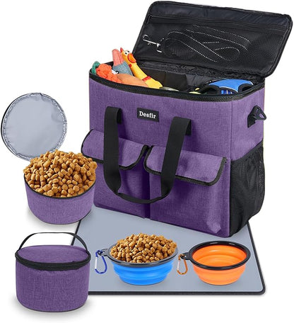 Large Pet Travel Bag Organizer - Dog &amp; Cat Tote with Food Containers, Bowls, Feeding Mat, Perfect for Camping, Hiking (Multi-Pocket Design)
