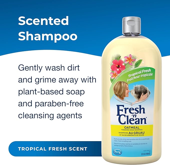 PetAg Fresh ’n Clean Oatmeal ’n Baking Soda Shampoo - Tropical Fresh Scent - 32 oz - Nurtures Dry, Itchy &amp; Sensitive Skin with Vitamin E &amp; Aloe - Strengthens &amp; Repairs Coats - Soap Free