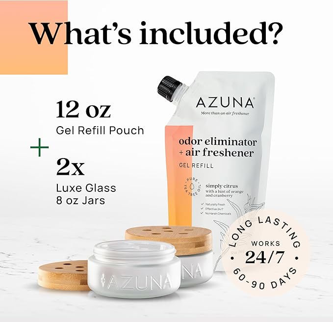 Azuna Air Freshener &amp; Odor Eliminator for Strong Odor | 2 Room Kit Includes (2) Empty Luxe Glass Jar &amp; 12oz Gel Refill with Tea Tree Essential Oil | Simply Citrus | Last 60-90 Days