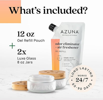 Azuna Air Freshener &amp; Odor Eliminator for Strong Odor | 2 Room Kit Includes (2) Empty Luxe Glass Jar &amp; 12oz Gel Refill with Tea Tree Essential Oil | Simply Citrus | Last 60-90 Days