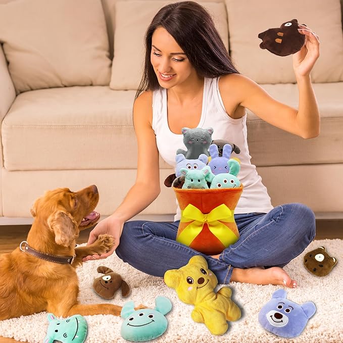 Squeaky Dog Toys, 11 Pcs Interactive Dog Plush Toy Collection in Flower Bouquet Packaging,10 Adorable Animal Plushies for Endless Play &amp; Training