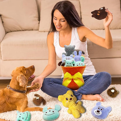Squeaky Dog Toys, 11 Pcs Interactive Dog Plush Toy Collection in Flower Bouquet Packaging,10 Adorable Animal Plushies for Endless Play &amp; Training