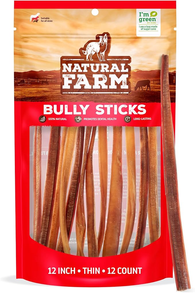 Natural Farm Odor-Free Thin Bully Sticks (12”, 12-Pack) All-Natural Long-Lasting Dog Chews, 100% Beef Pizzle, Grass-Fed, Grain-Free, Protein for Muscle Development &amp; Energy, Perfect for Large Dogs