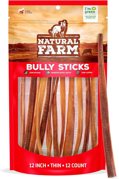 Natural Farm Odor-Free Thin Bully Sticks (12”, 12-Pack) All-Natural Long-Lasting Dog Chews, 100% Beef Pizzle, Grass-Fed, Grain-Free, Protein for Muscle Development &amp; Energy, Perfect for Large Dogs