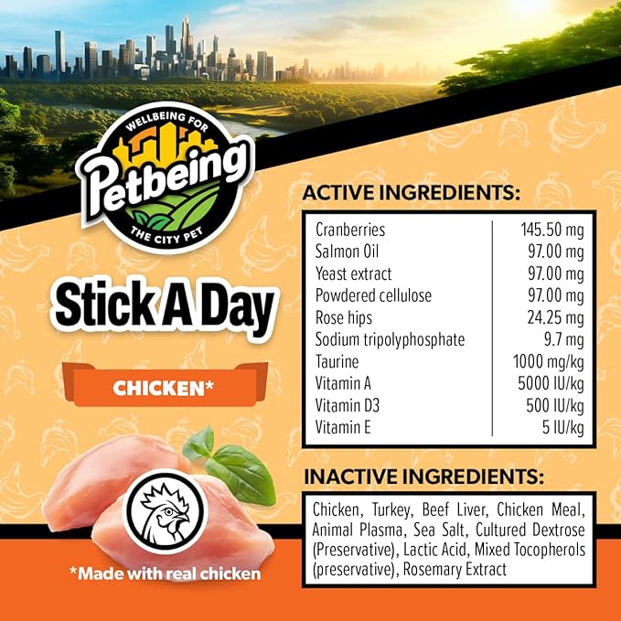 Stick a Day | Specially Formulated 7-in-1 Functions Daily Real Meat Supplement for Cats | Cat Chew Stick &amp; Pet Vitamins Supplements Combination (7-Pack x 4, Chicken)